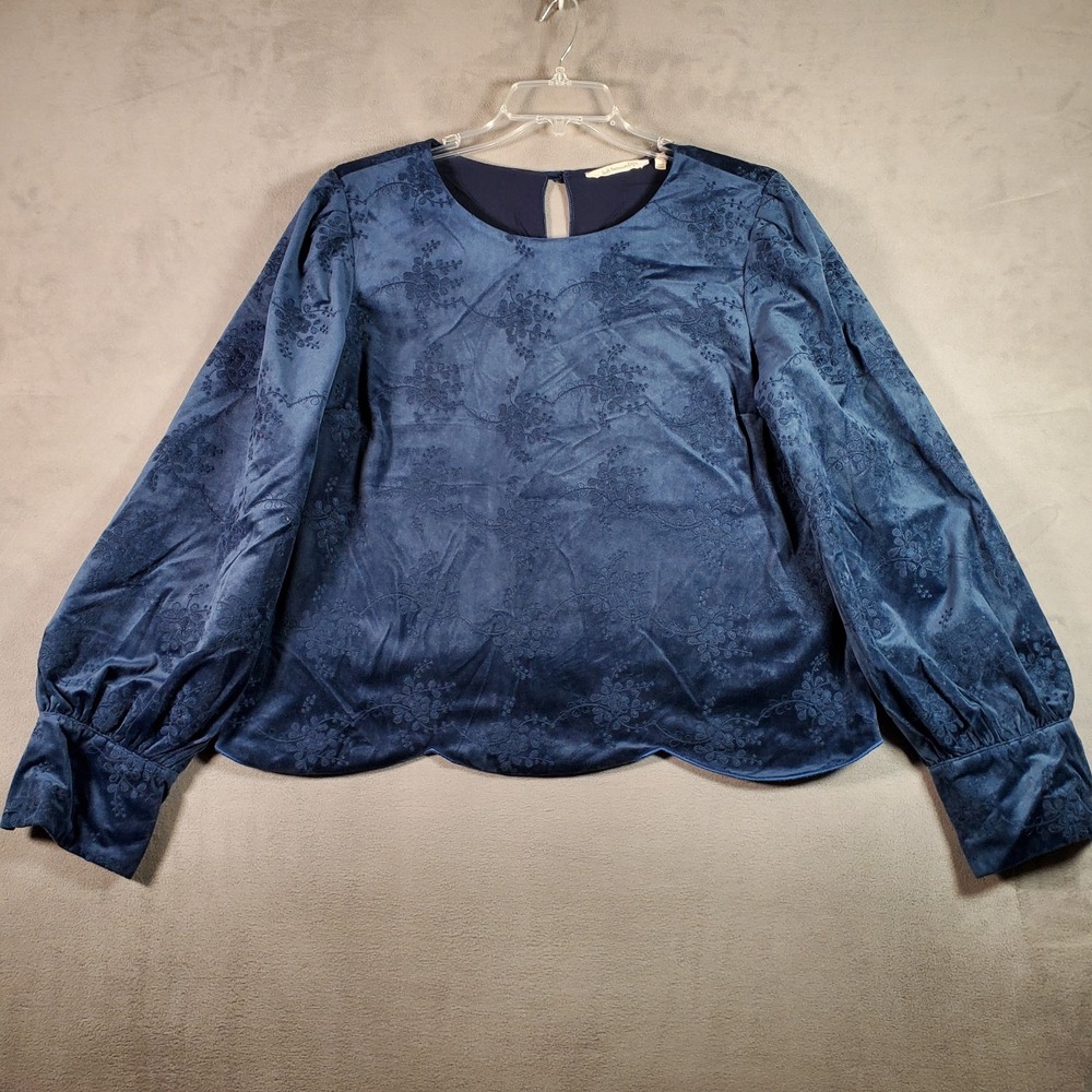 Soft Surroundings Top Womens L Blue Velvet Floral Embossed Balloon Sleeve Boho